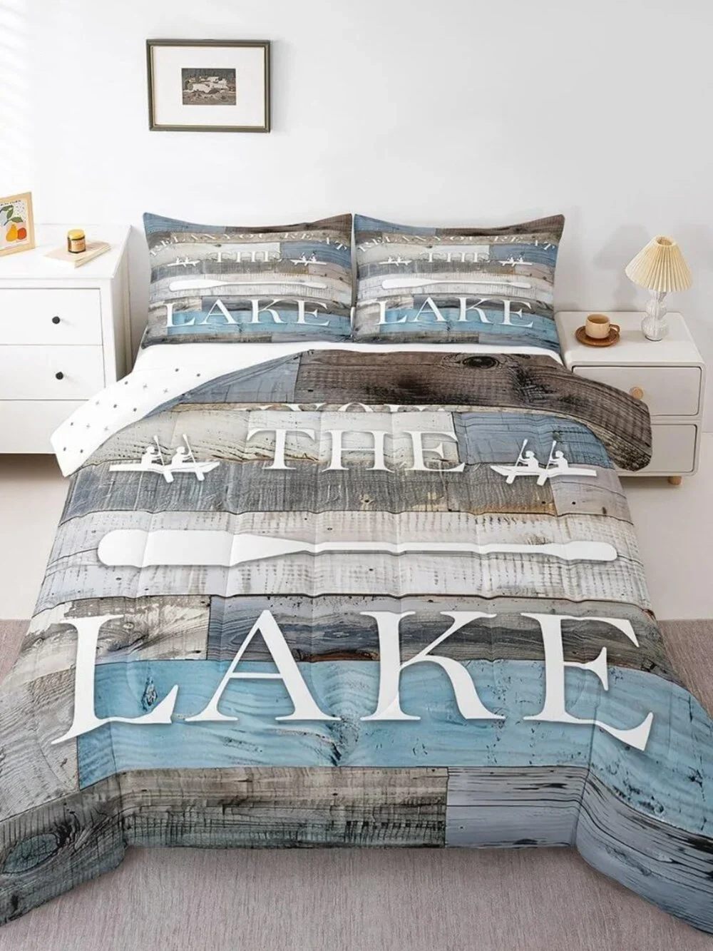 Rustic Farmhouse Comforter Set Lake Cabin Bedding Set King Size Blue Grey Retro